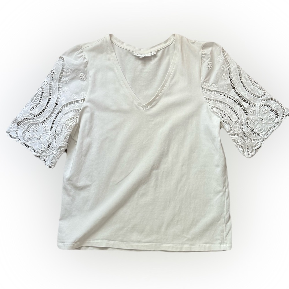 Chico's White V-Neck Blouse with Lace Sleeves